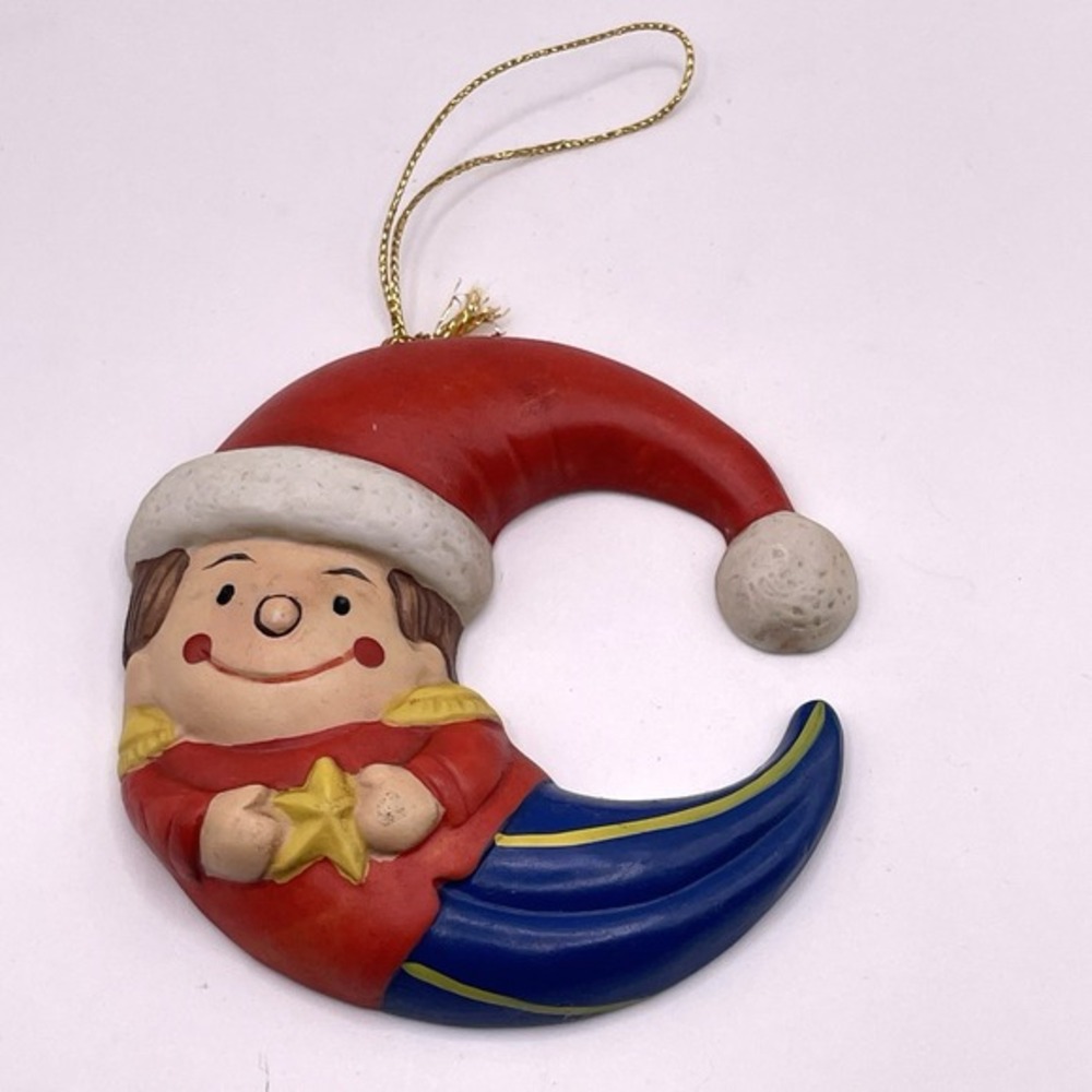 Vintage Crescent‎ Moon Porcelain Nutcracker Christmas Ornament 3.5"